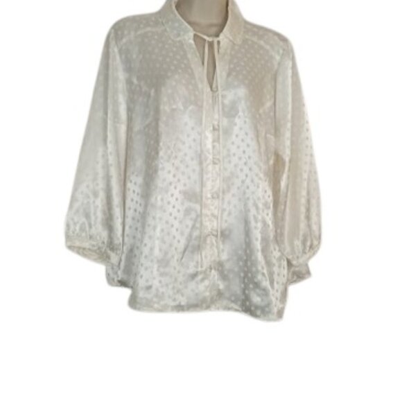 Naomi Womens Button Front Blouse White Jacquard Polka Dot Tie Neck Satin XL - Picture 1 of 3